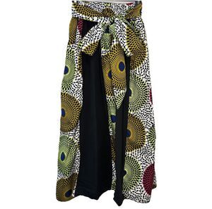 Shenbolen African Print Midi Skirt Patchwork A-Line Stretch Waist Boho S